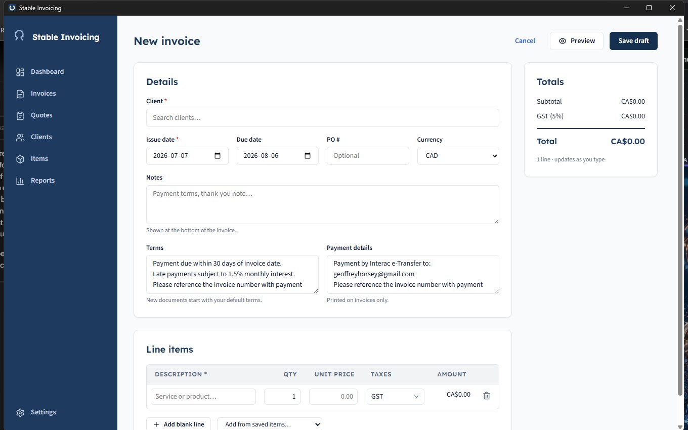 Stable Invoicing invoice editor — line items, dual taxes, PO number, payment terms and live totals